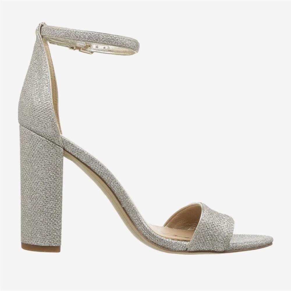 Sam Edelman Yaro Ankle Strap Sandal Heel in Sparkle Light Gold Mesh NEW WIDE